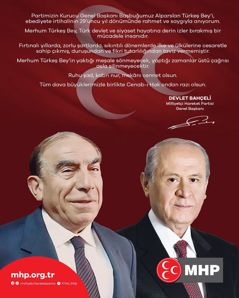 Partimizin Kurucu Genel Başkanı Başbuğumuz Alparslan Türkeş Bey’i ebediyete irtihalinin 29’uncu yıl dönümünde rahmet ve saygıyla anıyorum.
Merhum Türkeş Bey, Türk devlet ve siyaset hayatına derin izler bırakmış bir mücadele insanıdır.
Fırtınalı yıllarda, zorlu şartlarda,