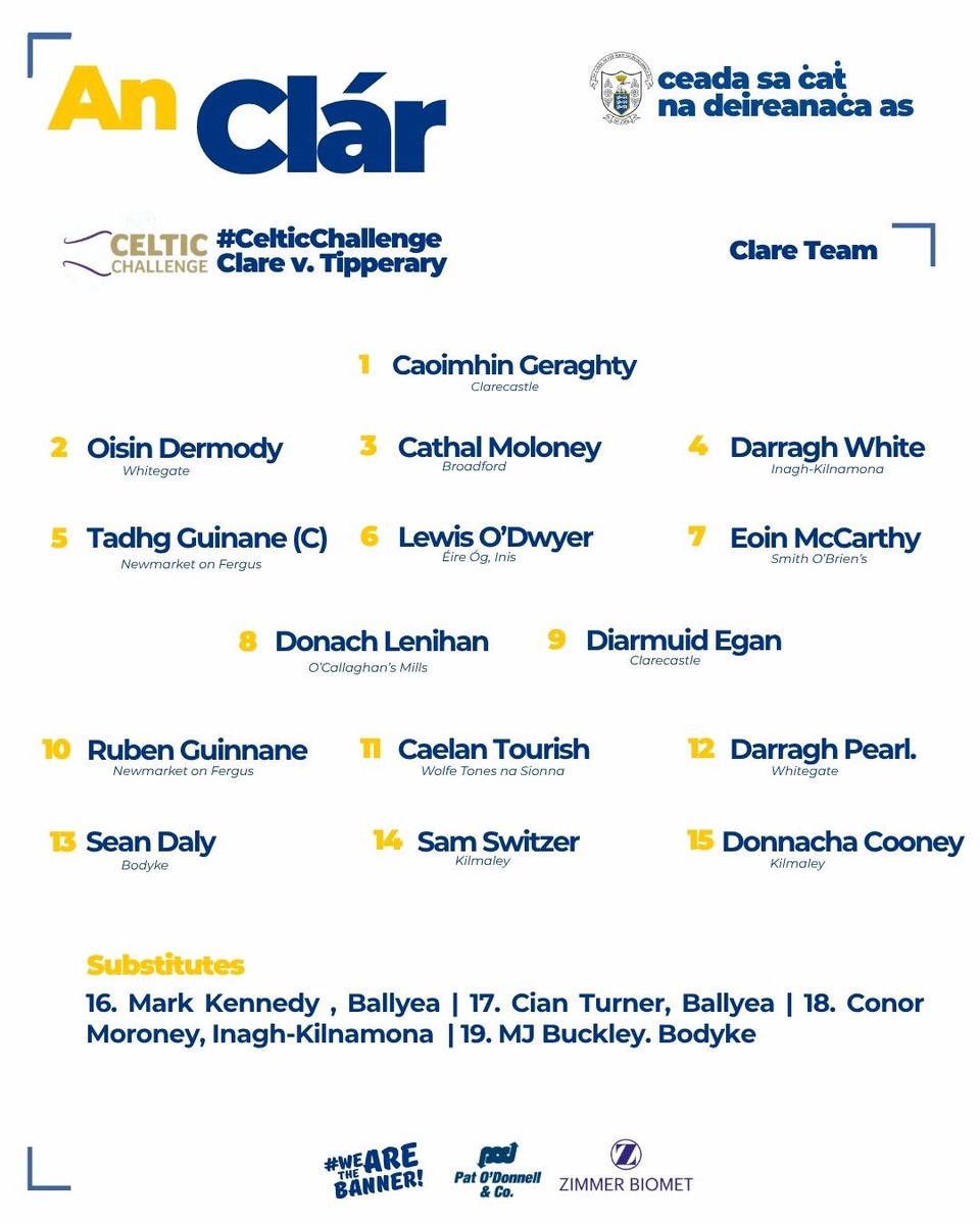 GaaClare's tweet photo. A big day for our U17 Celtic Challenge Hurlers who commence their campaigns today . This developmental competition has been an important stage  in the pathway for many of Clare’s best underage hurlers and the 2026 @ElectricIreland group stages will be no different . 

Clare are playing Tipperary in Caherlohan at 10:45

Clare Saffron are playing Tipperary in Caherlohan at 12:00

Clare Blue are playing Cork in Caherlohan at 2:00

The very best of luck to all teams and managements .

#WeAreTheBanner