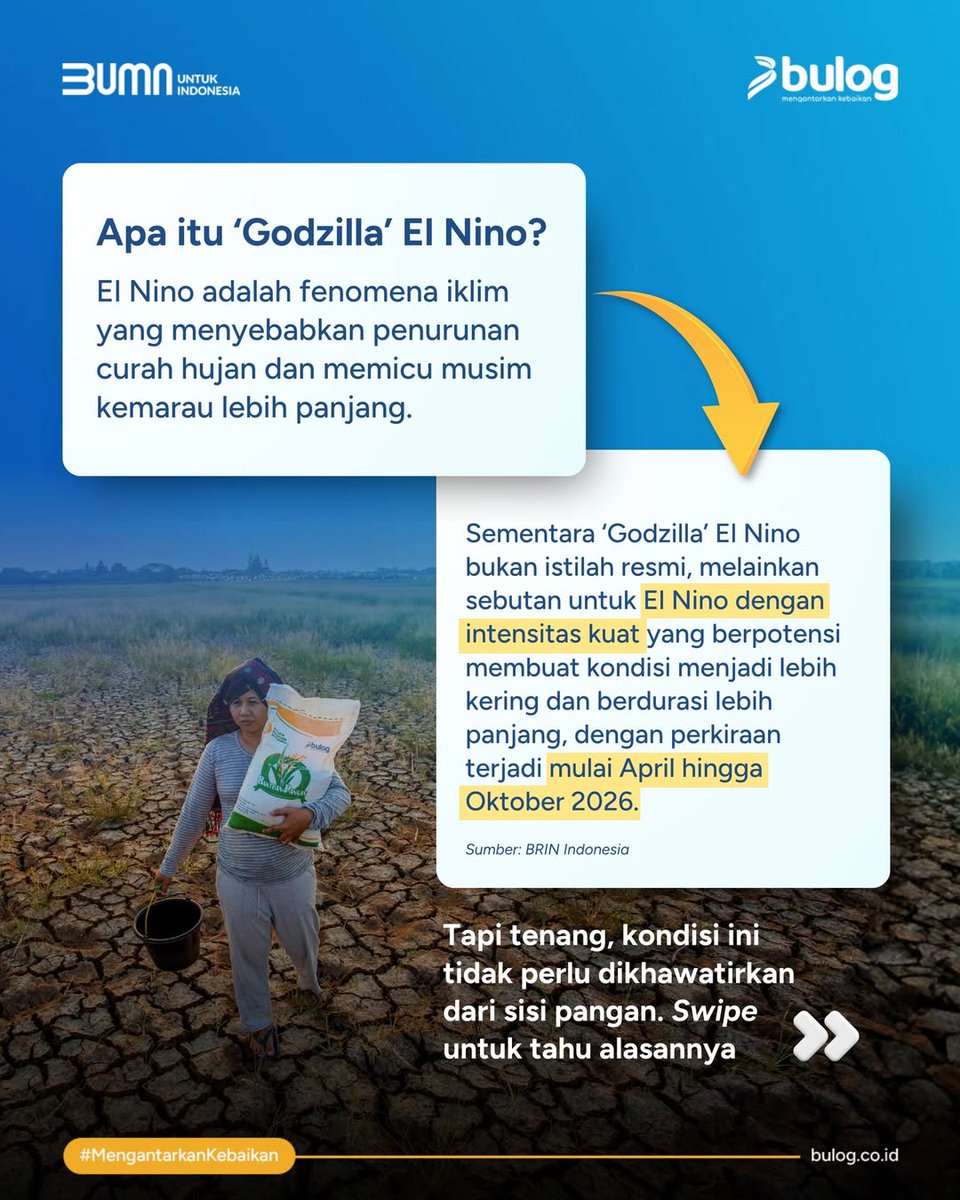updatepanganntt's tweet photo. Menghadapi potensi El Nino yang diperkirakan berlangsung hingga beberapa bulan ke depan, Perum BULOG terus memperkuat Cadangan Pangan Pemerintah melalui percepatan penyerapan gabah dan beras hasil produksi petani dalam negeri. Capaian penyerapan yang signifikan https://t.co/aKpSPBctYS