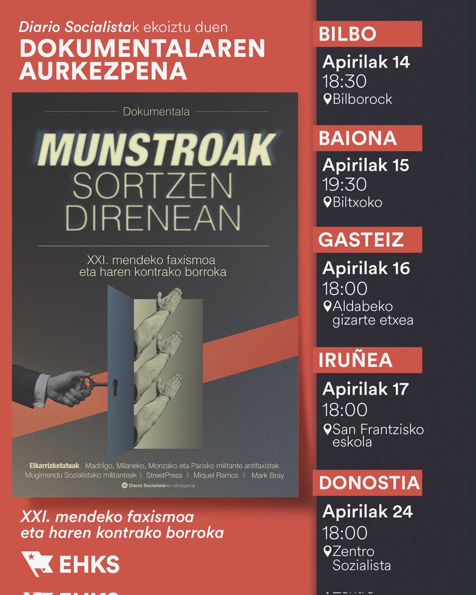 EHKSozialista's tweet photo. XXI. mendeko faxismoaz eta haren kontrako borrokaz @DSocialista_ -k ekoiztutako 'Munstroak sortzen direnean' dokumentalaren
aurkezpenak egingo ditugu datozen asteetan EHko bost hiriburutan. https://t.co/gu4gAPlqdk