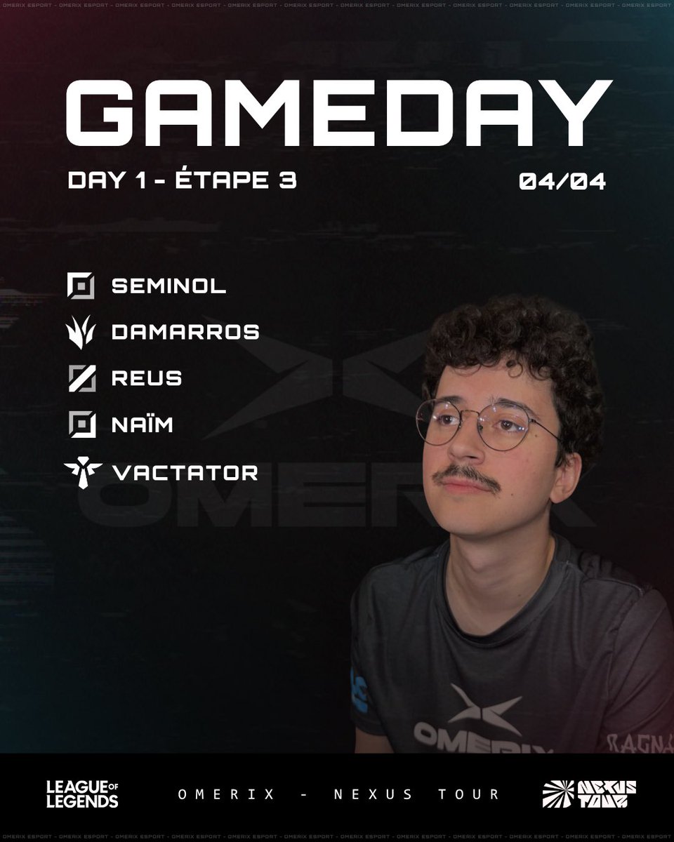OmerixEsport's tweet photo. 🔴 GAMEDAY - League of Legends 🔵

ÉTAPE 3 - DAY 1 / Open Qualifier - Nexus Tour

Premier jour à la Gamers Assembly pour cette Étape 3 du #NexusTour2026 ! On entame les hostilités face à Zeus Corp.

TOP @Seminol_lol 
JGL @Ox_Damarros
MID @ReusL0L 
ADC @naimtwi
SUP @/Vactator

🆚 Zeus Corp GLHF

#OXWIN