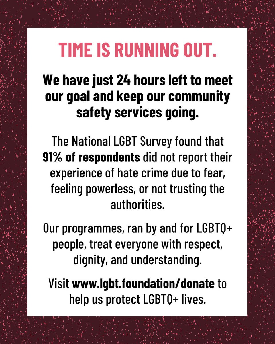 LGBTfdn's tweet image. Just 24 HOURS LEFT 💥
For over 50 years, our helpline has been a trusted source for LGBTQ+ people in crisis. Today, we need to act urgently to protect this vital resource. Visit lgbt.foundation/donate to help us meet our goal. 🙌

#LGBTQSupport #UKLGBTQ #LGBTQHelpline