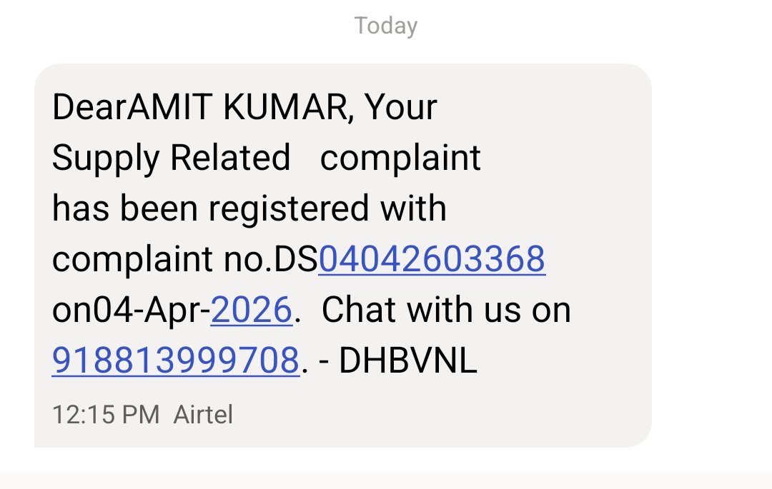amitwadhiani's tweet photo. Complaint raised to DHBVN on number '18001804334' at 12:15 today that there is no electricity supply in C2 Block since 10:45. Complaint was closed at 13:20 without any update and electricity is still not there after 3+ hours of complaint. @DHBVNL @NayabSainiBJP @DC_Gurugram https://t.co/bvZpk5ORH4