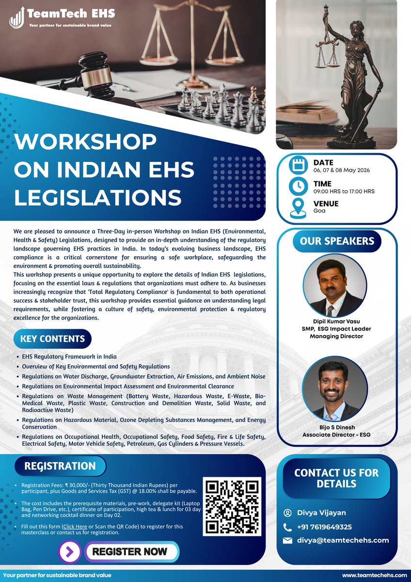 dipilkumar's tweet photo. 🚀 Navigating Indian EHS Legislations: A Must-Attend In-Person Workshop 🏢⚖️
📢 Join us for a Three-Day In-Person Workshop on Indian EHS Legislations
🗓 Dates: 06, 07 &amp; 08 May 2026
📍 Venue: Goa
⏰ Time: 09:00 AM – 05:00 PM https://t.co/RK4VzPbfY5
