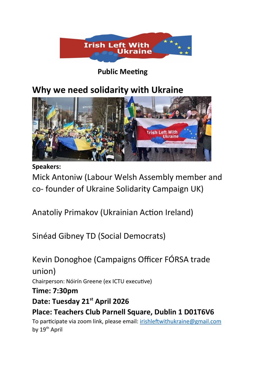 Following a successful meeting highlighting the crime of Ukraine's stolen children, we are now hosting a meeting to argue more generally Why we need solidarity with Ukraine.

Bígí linn- Join us
Tuesday 21st April, 7:30pm
Teachers Club