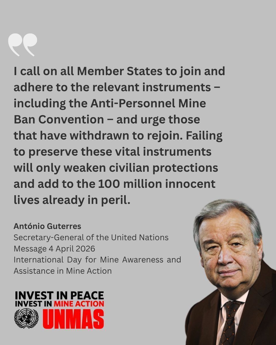 UNGeneva's tweet photo. "On this #MineAwarenessDay, I call on all Member States to join and adhere to the relevant instruments, and urge those that have withdrawn to rejoin. Failing to preserve these vital instruments will add to the 100 mln innocent lives already in peril." - @antonioguterres #IMAD2026 https://t.co/NzC8L62Aiv