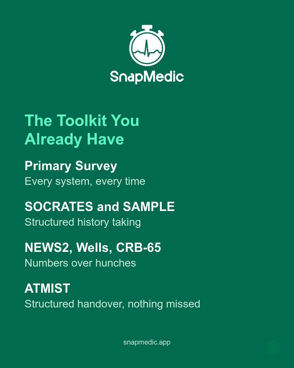 SnapMedic's tweet photo. Gut feeling is not a clinical plan. But it is a starting point. Back it up with structure: primary survey, SOCRATES, SAMPLE, NEWS2. The best clinicians use both. #paramedic #snapmedic https://t.co/TnTWWCjY2t
