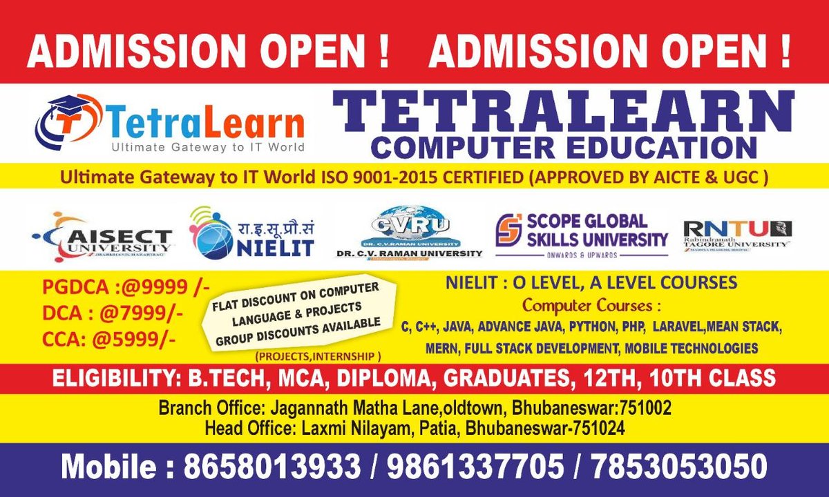 Stockyfly1's tweet photo. 🚨 ADMISSION OPEN – TETRALEARN COMPUTER EDUCATION 🚨
🎓 Start Your Career in IT with TetraLearn – Ultimate Gateway to IT World
✅ ISO 9001:2015 Certified
✅ Approved by AICTE &amp; UGC

 #Bhubaneswar #IT Training #Programming #FullStackDeveloper #Python #Java #NIELIT #CareerGrowth https://t.co/DoO4sS4ykm