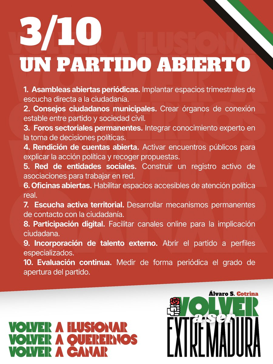 📑 ¿Qué se necesita para construir una mayoría social y #VolverASerExtremadura?

3️⃣ UN PARTIDO ABIERTO

🌹 Volver a abrir el partido para volver a conectar. Si no escuchamos, no ganamos.