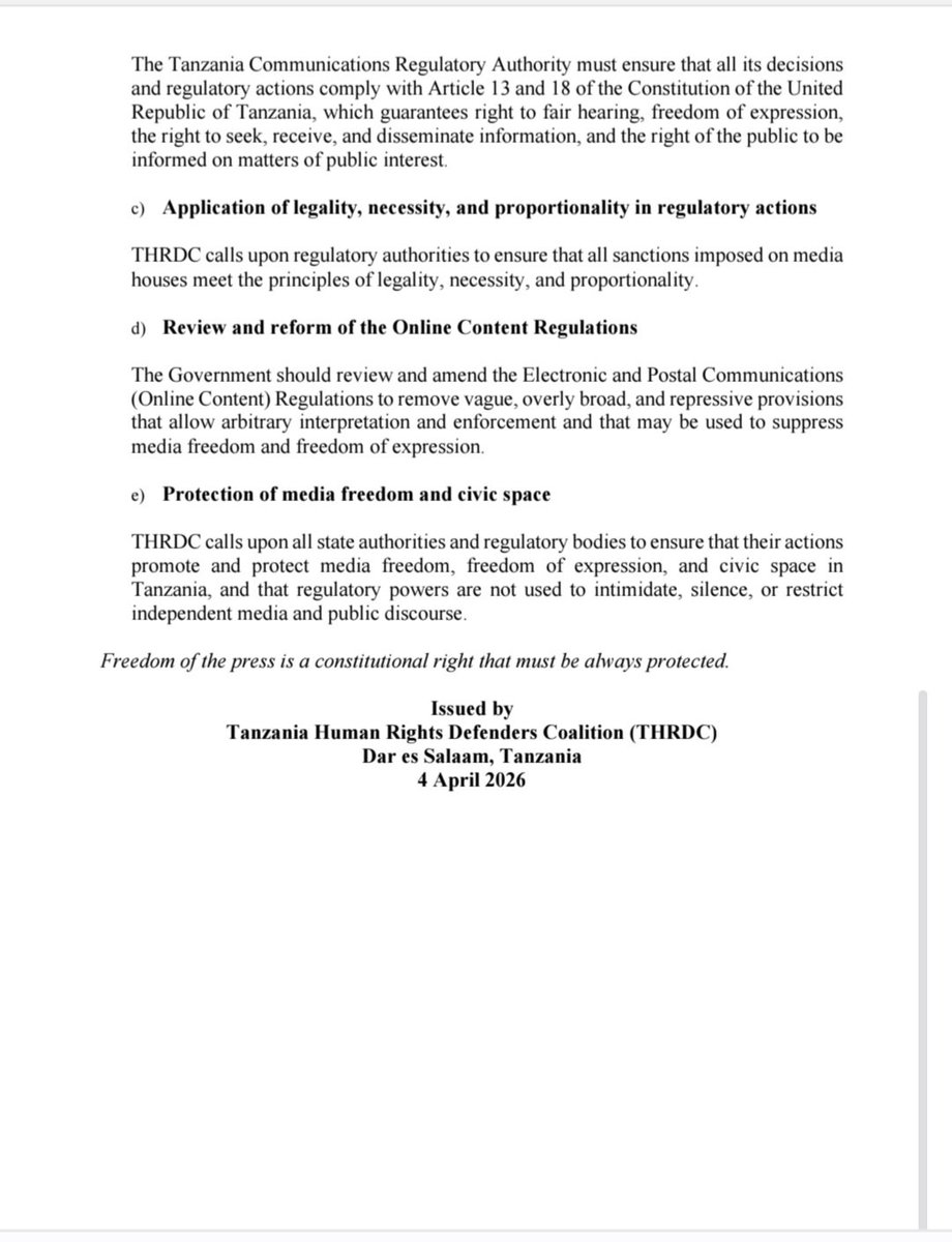 THRDCOALITION's tweet photo. Silencing 1 media platform limits everyone’s right to information.  Suspension of @Jambotv_ raises serious concerns about freedom of expression. We call for an immediate review of this decision and urge authorities to uphold constitutional rights and protect media freedom in TZ. https://t.co/NCTltwNcw9