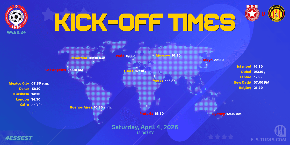 ESTuniscom's tweet photo. 🎗️ Reminder / تذكير / Rappel
🕖 #Ligue1Tn🇹🇳 Week 24 #ESSEST | #ESSahel 🆚 @ESTuniscom : Global Kick-Off Times / توقيت المباراة / Heure du coup d'envoi https://t.co/wOgFLJ8FnK