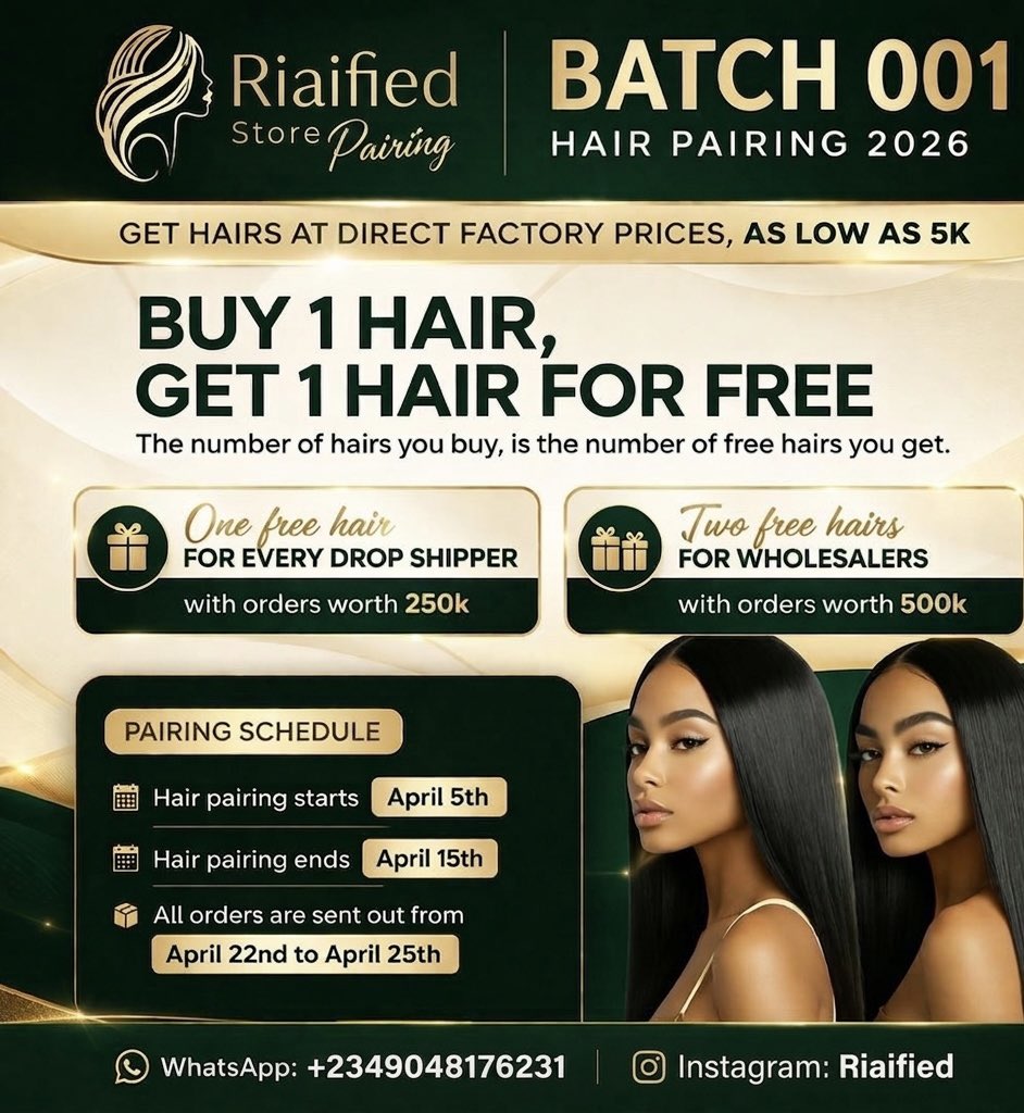 riaified's tweet photo. ✨ BIGGEST HAIR PAIRING EVENT OF 2026! ✨
Riaified Store is officially bringing you the ultimate hair deal. Whether you’re looking to switch up your look or stock up for your business, we’ve got you covered at direct factory prices! 💁‍♀️🔥 https://t.co/2VOMJKKGhj