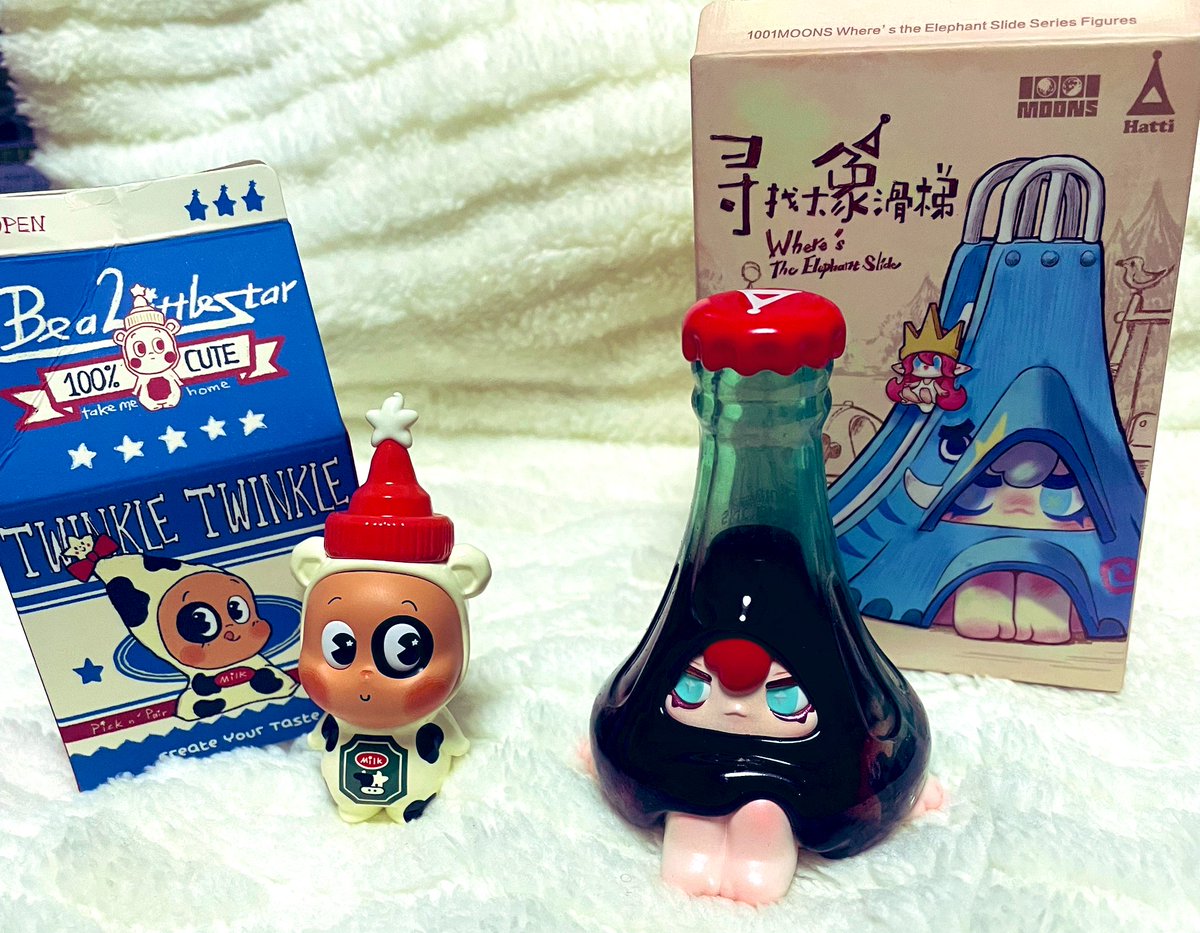 rayflo_pop's tweet photo. アリエクのセールで激安でゲットしたお二人✨
最近新IPがあまり刺さらず、唯一ちょっと気になってた1001MOONSちゃん（未だになんて読むかわからない😇）はコーラちゃんでした☺可愛いし瓶と液体の透け感の表現がすごい👀
トゥインクル君の方はこの牛さん‥シクレか…？？ﾜｧｲᐠ( ᑒ  )ᐟ♪
#POPMART https://t.co/gpwIuDfreu