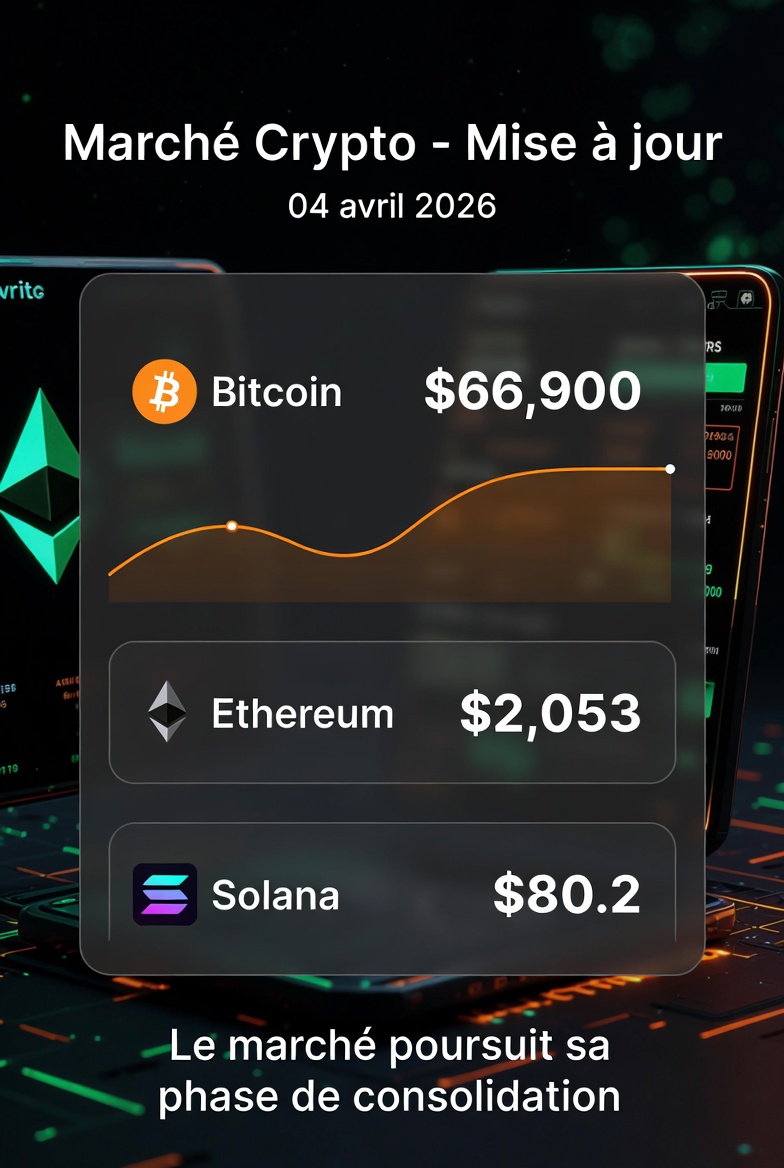 ItoCasper14856's tweet photo. Briefing du jour – 04 avril 2026 

$BTC tient ~66.9K$ ce matin
$ETH autour de ~2 053$
$SOL vers ~80.2$ avec une légère pression baissière. 

Le marché reste en consolidation 
Bon week end a tous

#Bitcoin #Ethereum #Solana #CryptoObservatory https://t.co/Vk1jsirxag