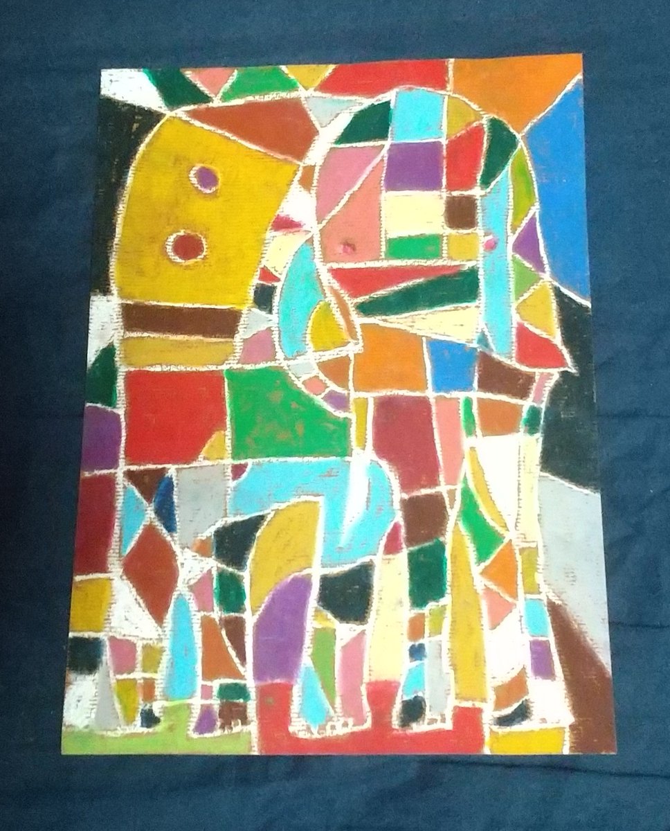 taiki30's tweet image. 額フレームよりクレパス作品、出してゆきました🌞額で見えてなかった箇所がワールドワイド、垣間見えてきました💫こちらのタイルカモフラージュシリーズ、今月はタンマリトントン、創作CREATEしてゆきますジャワ🌹 #illustration #画材 
#CREATE #design #デザフェス #象 #クレパス #art #色彩 #絵本