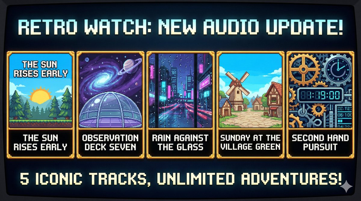 henaxing's tweet image. 5 NEW TRACKS. 🕰️✨

The #RetroWatch audio update is officially live! From the first light of "The Sun Rises Early" to the neon glow of "Rain Against the Glass," find the perfect nostalgic loop for your day.

Listen now: 👉 retrowatch.app
#Chiptune #PixelArt #Retro #Vibe