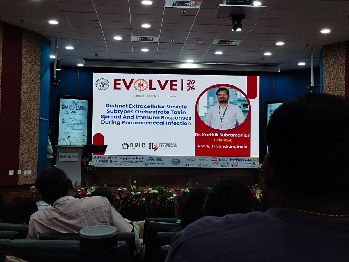 dr_karthik87's tweet photo. Pleased to deliver invited talk on latest research from @hostpatho_rgcb on #EVs in infection and immunity at annual @insev_soc #EVOLVE2026 at @bric_ils. EVs hold great promise in next gen diagnostics and precision therapeutics.@RGCB_Trivandrum @DBTIndia @DrJitendraSingh @BricDbt https://t.co/FPi9fOabv4