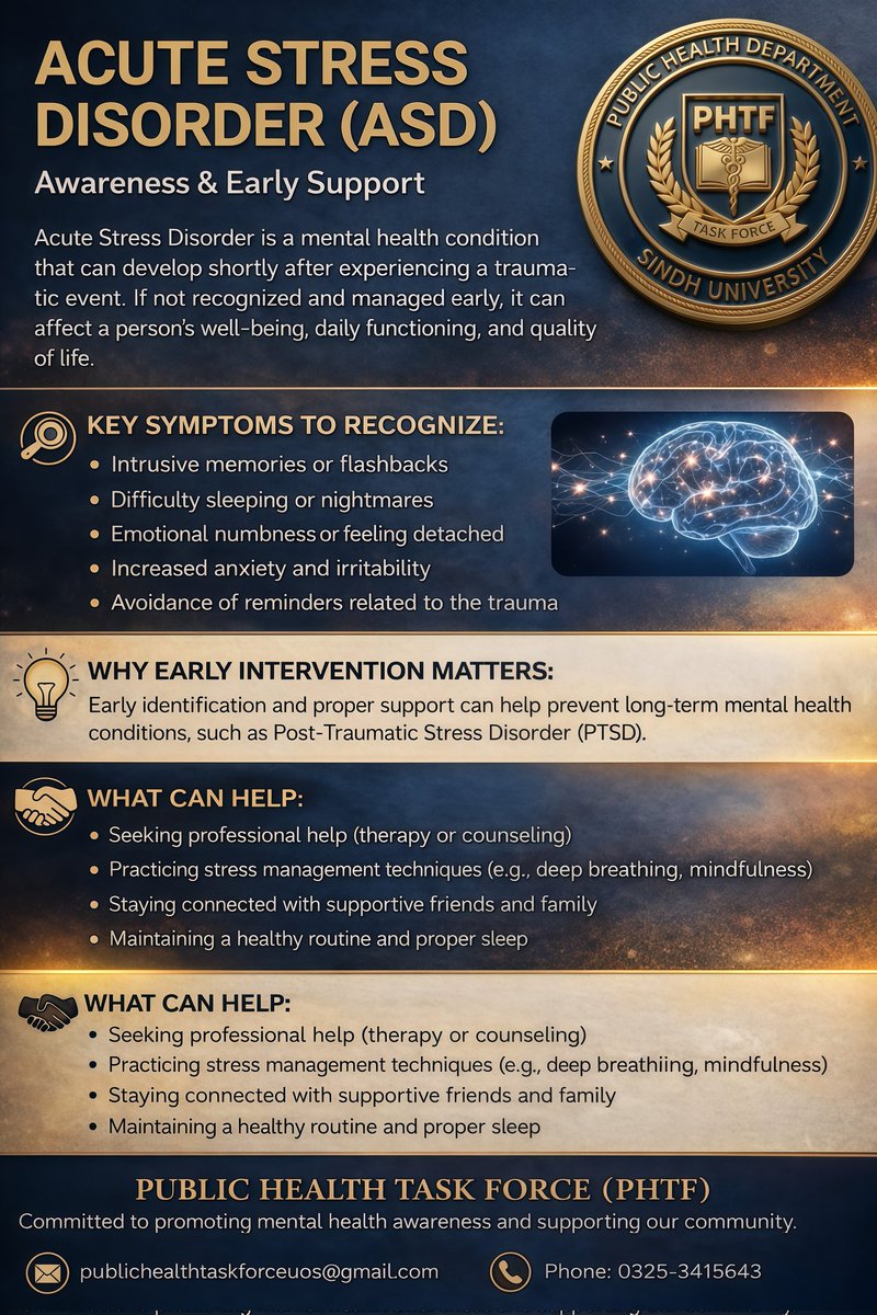 Health_force23's tweet photo. Acute Stress Disorder can develop after trauma and impact daily life. Early support matters.

Know the signs: flashbacks, anxiety, poor sleep, emotional numbness.

Seek help. Talk. Heal.

📩 publichealthtaskforceuos@gmail.com
📞 0325-3415643

#MentalHealth #ASD #PHTF https://t.co/b1pX6if6Rh