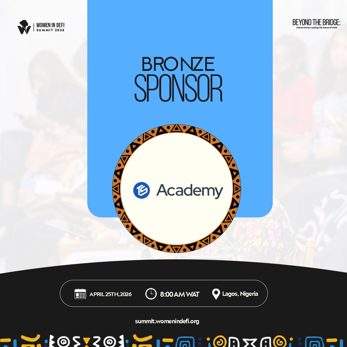 womenindefi_org's tweet photo. We’re proud to have TS Academy join us as a sponsor of WID Summit 2026 💙

@TechSphereAcad is a leading force in building Africa’s tech talent and advancing digital skills and now they're joining us to support women to  shape the future of Web3 in Africa.

April 25th is the date. Be there.

#WIDSummit2026 #WomenInDeFi #Web3Africa #TechEducation