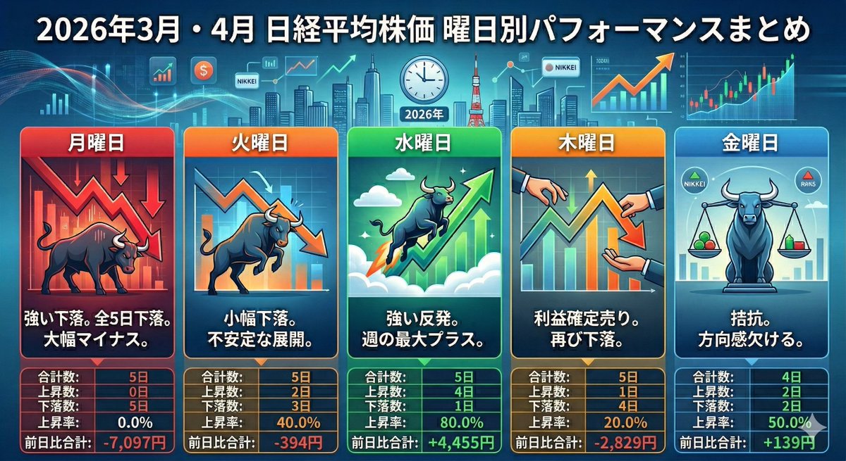 nicosokufx's tweet photo. 日経平均株価「曜日別の騰落」まとめ🌊3月以降

⤵️月曜：勝率0%（5戦全敗）。前日比合計-7,097円と週明けに暴落の嵐🔥🌪️
👉️週末のリスクオフを週明け最初の日本が受ける😱
⤴️水曜：勝率80%！合計+4,455円の強い反発。月曜の下落に対する反動買いが顕著に✨
⤵️木曜：勝率20%。水曜に上がった分、利益確定売りに押される展開💸
⚖️金曜：勝率50%。合計+139円とほぼ横ばい。週末を控えて持ち高調整や様子見ムード👀

✅トレード戦略
週前半の極端な値動き（月曜の下落⇒火曜日の底打ち⇒水曜の反発⇒木曜の上昇一服⇒金曜日の様子見）
👉波乗りトレード🏄いい感じ️だった
『押し目買い・利益確定売り（戻り売り）』