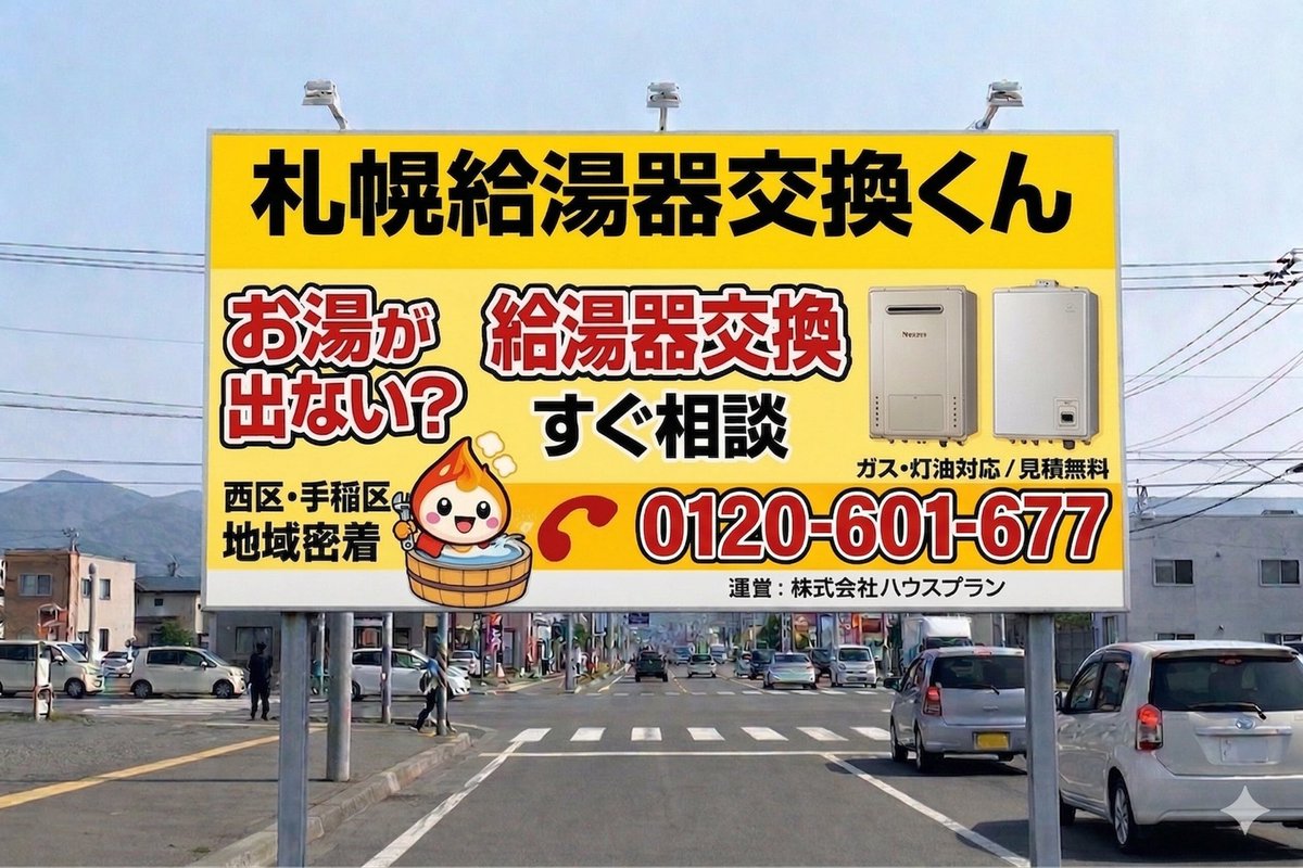hp2019tak's tweet photo. 弊社の給湯器交換事業部の実店舗展開に伴い、立て看板を数箇所設置検討中です。
デザインは場所、視認性、訴求性などのGeminiとの壁打ちの末出来上がってきました。どうでしょうか？ https://t.co/mCH0yjMPJc