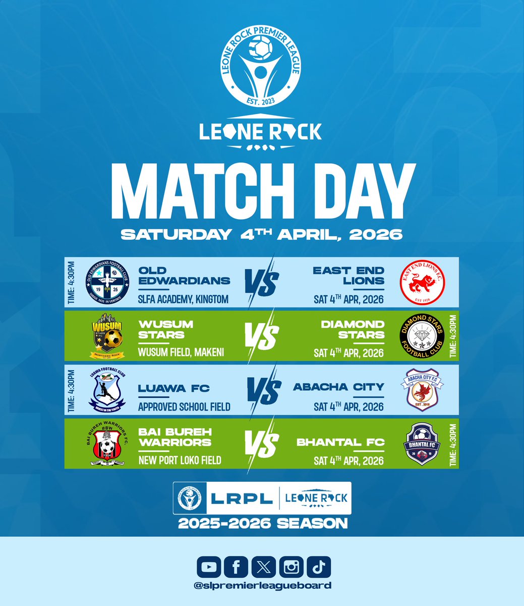slplboard's tweet photo. πΏ*Leone Rock Premier League β Matchday Alert*
Who gets your backing today, and where will you be watching from?
Catch the Leone Rock Premier League LIVE & FREE on FIFA+ π
https://t.co/Hgj7AHuOVR
πβ½οΈ #MatchWeekTwentyThree | #YourGameIsBack | #LeoneRockPremierLeague πΈπ± https://t.co/RTMGXvSp7Y
