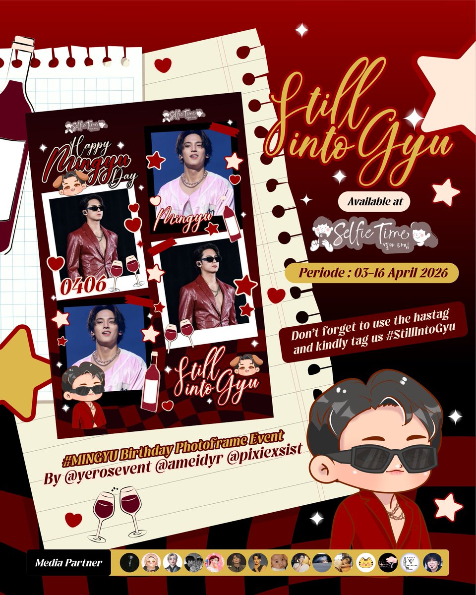 selfietimeid's tweet photo. Apakah para Gyuldaengies sudah siap merayakan ulang tahun Mingyu SEVENTEEN? 🤍
Jangan lupa rayakan di Selfie Time sambil foto pakai frame spesial dari @yerosevent @pixiexsist ya! 🐶🍷
📅 3–16 April 2026
📍 semua store Selfie Time
#selfietimeid #MINGYU #SEVENTEEN #StillIntoGyu https://t.co/jmqQBX5s7N