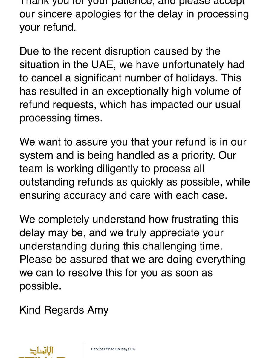 AnthonyOliver89's tweet photo. @EtihadHelp @etihad 3rd time you’ve sent me the same automated email! It’s been 21 days and still no refund. You are taking money away from families and affecting their holidays! Just refund as promised! Shame on you!! https://t.co/C5VKbA6ZM3