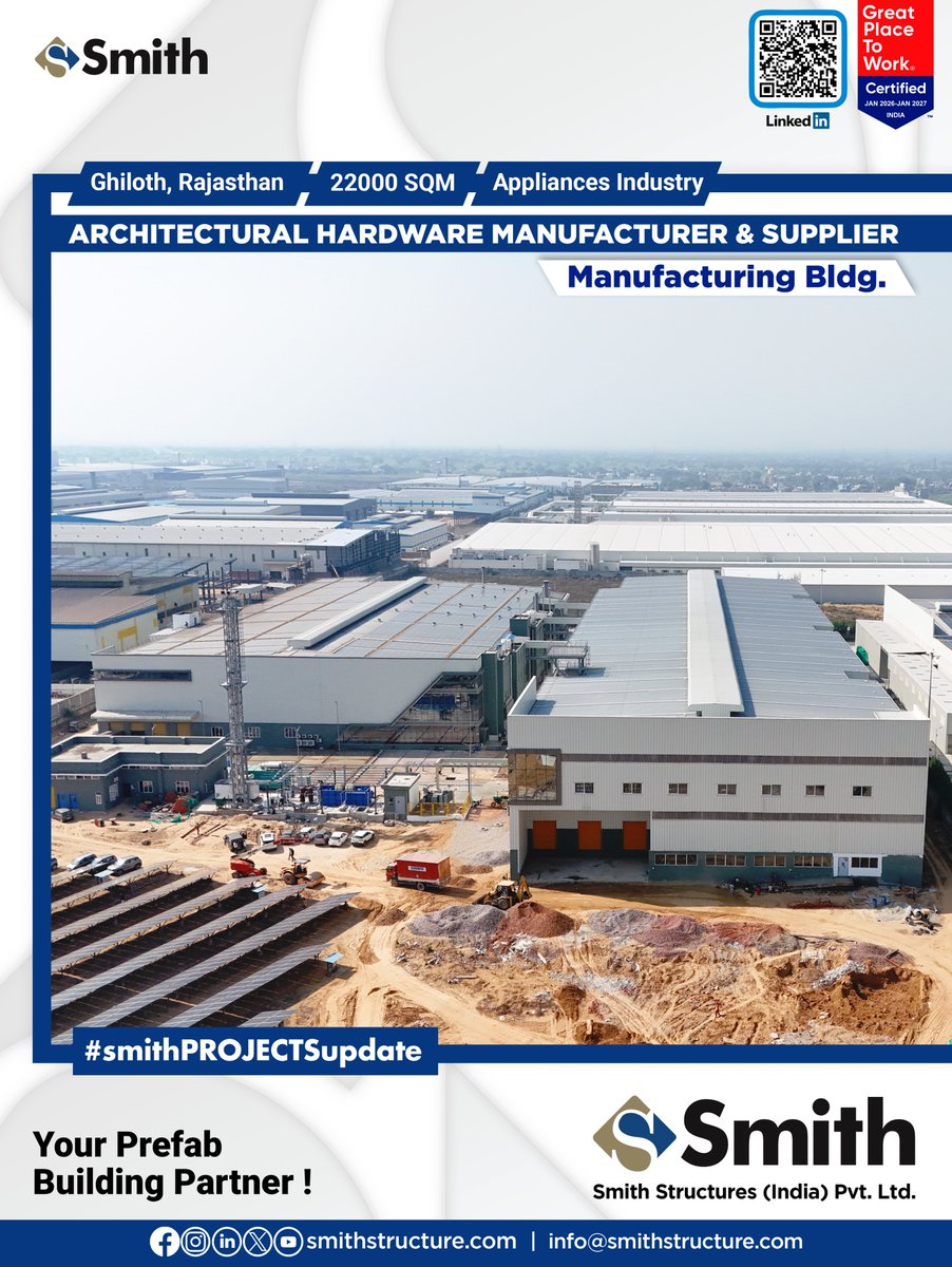 StructuresSmith's tweet photo. 🚧 #SmithPROJECTSupdate

We are proud to share another milestone achievement by Smith Structures (India) Pvt. Ltd. (SSIPL)
SSIPL has successfully delivered a Manufacturing Pre-Engineered Building (PEB) for a leading Architectural Hardware Manufacturer &amp; Supplier. https://t.co/JkOwuOqqs7