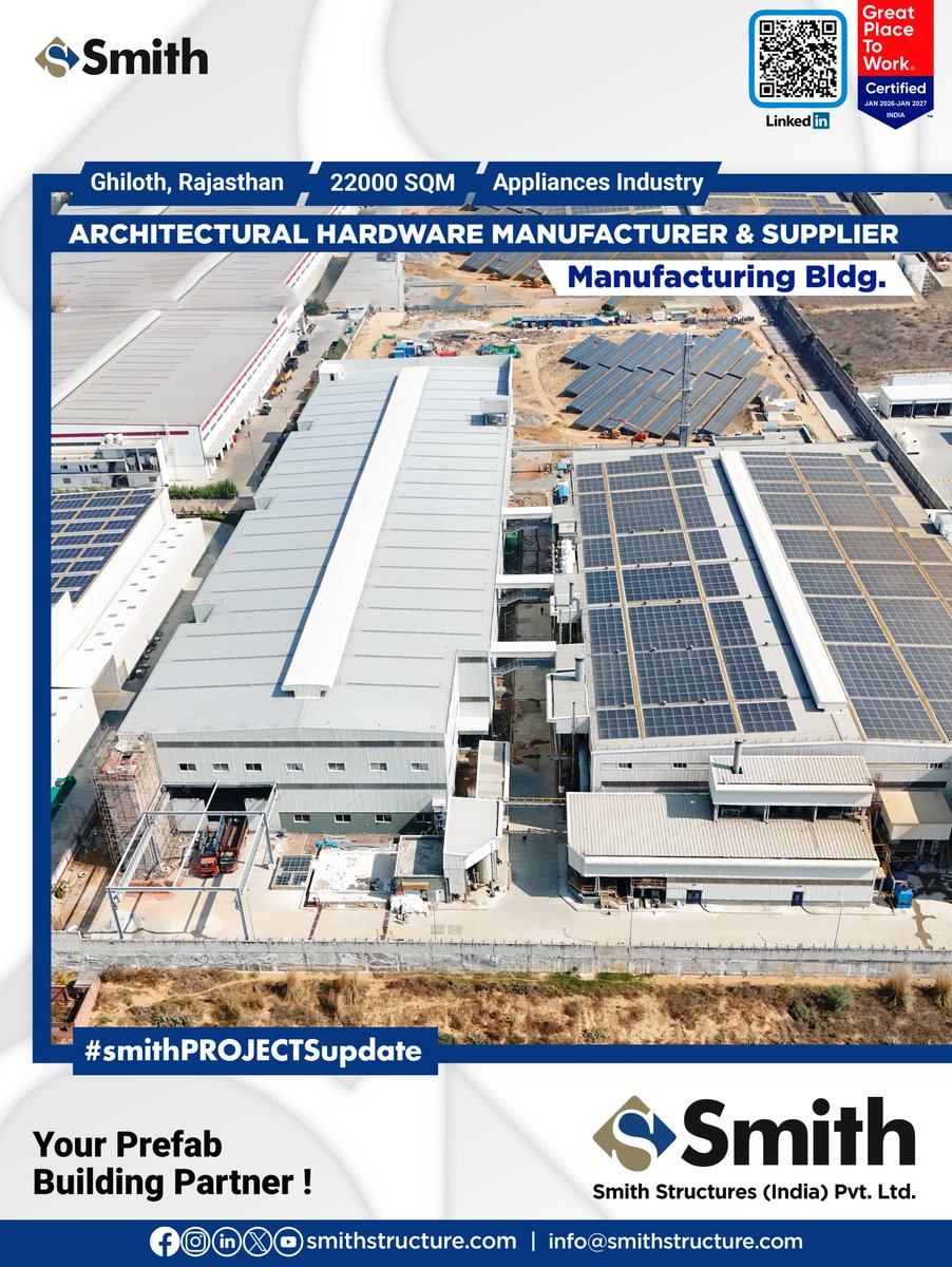 StructuresSmith's tweet photo. 🚧 #SmithPROJECTSupdate

We are proud to share another milestone achievement by Smith Structures (India) Pvt. Ltd. (SSIPL)
SSIPL has successfully delivered a Manufacturing Pre-Engineered Building (PEB) for a leading Architectural Hardware Manufacturer &amp; Supplier. https://t.co/JkOwuOqqs7