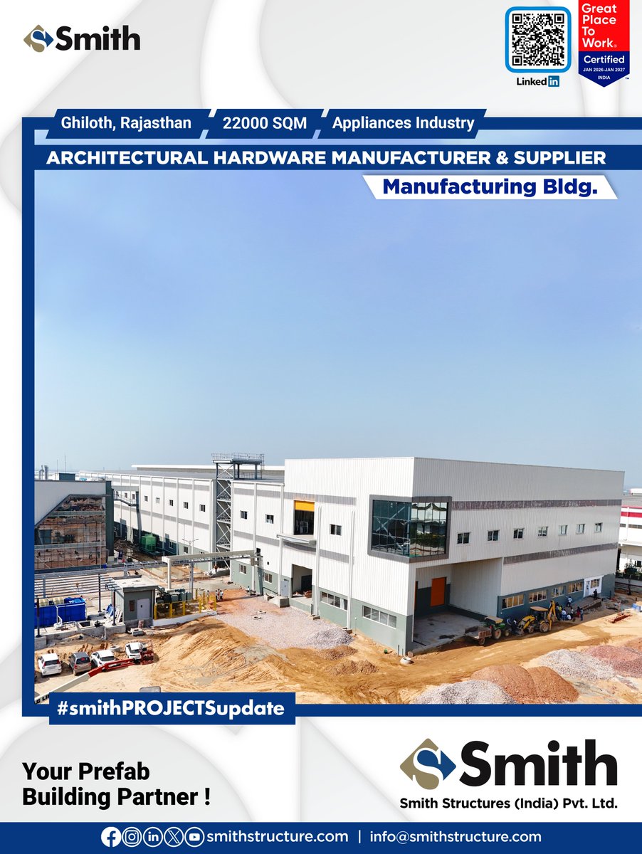 StructuresSmith's tweet photo. 🚧 #SmithPROJECTSupdate

We are proud to share another milestone achievement by Smith Structures (India) Pvt. Ltd. (SSIPL)
SSIPL has successfully delivered a Manufacturing Pre-Engineered Building (PEB) for a leading Architectural Hardware Manufacturer &amp; Supplier. https://t.co/JkOwuOqqs7