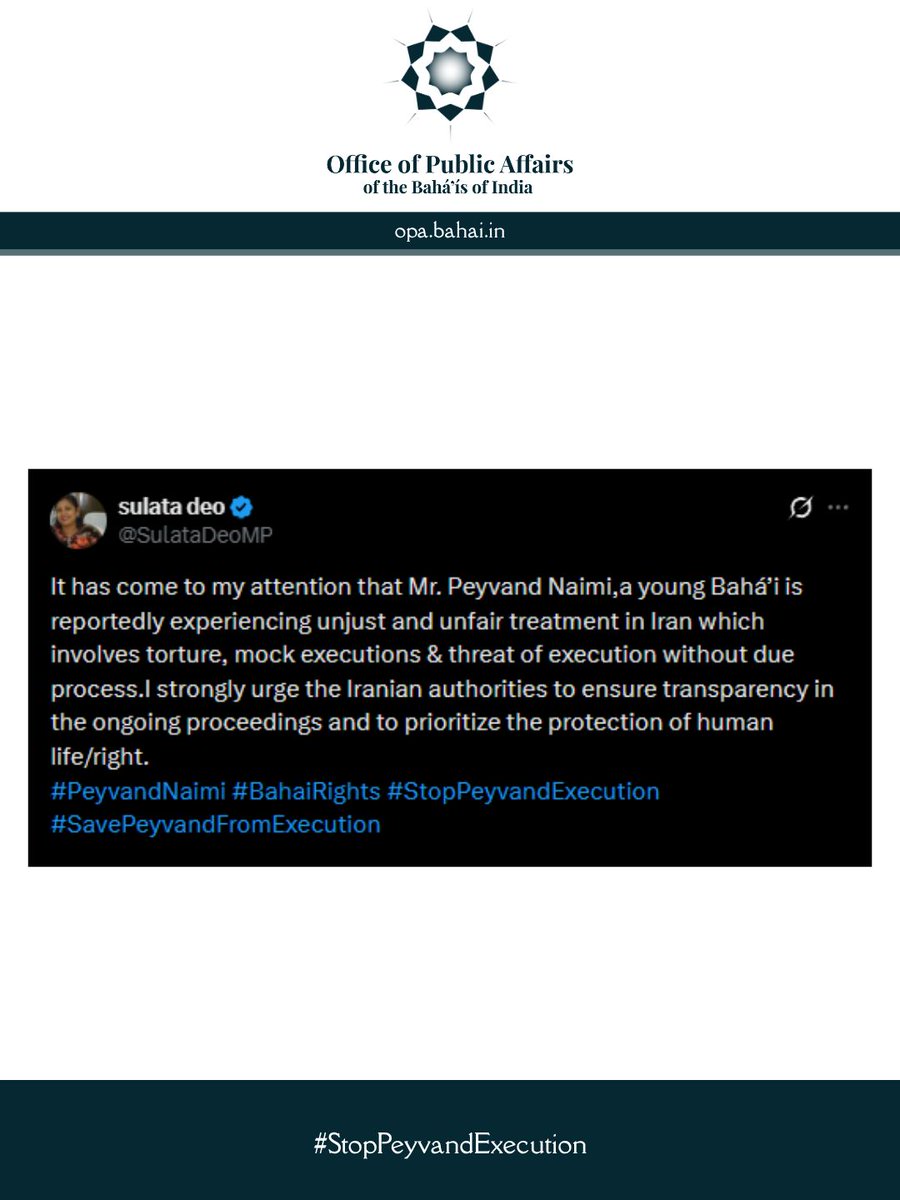 Rightsopaindia's tweet photo. We sincerely thank Hon'ble MP @SulataDeoMP for speaking up on the case of #PeyvandNaimi.  #Iran #Bahai #HumanRights #SavePeyvandFromExecution https://t.co/GvW7r6X0aM