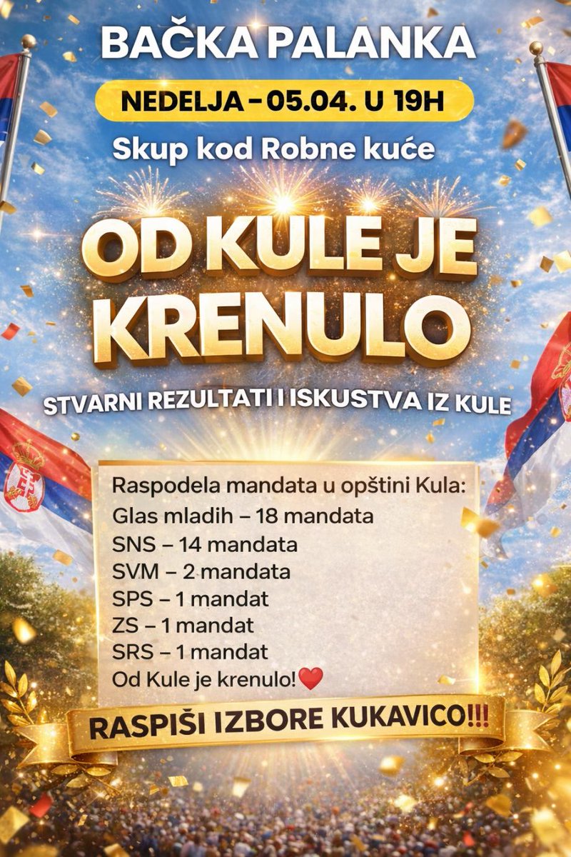 БАЧКА ПАЛАНКА
Сутра, 05.04. у 19:00