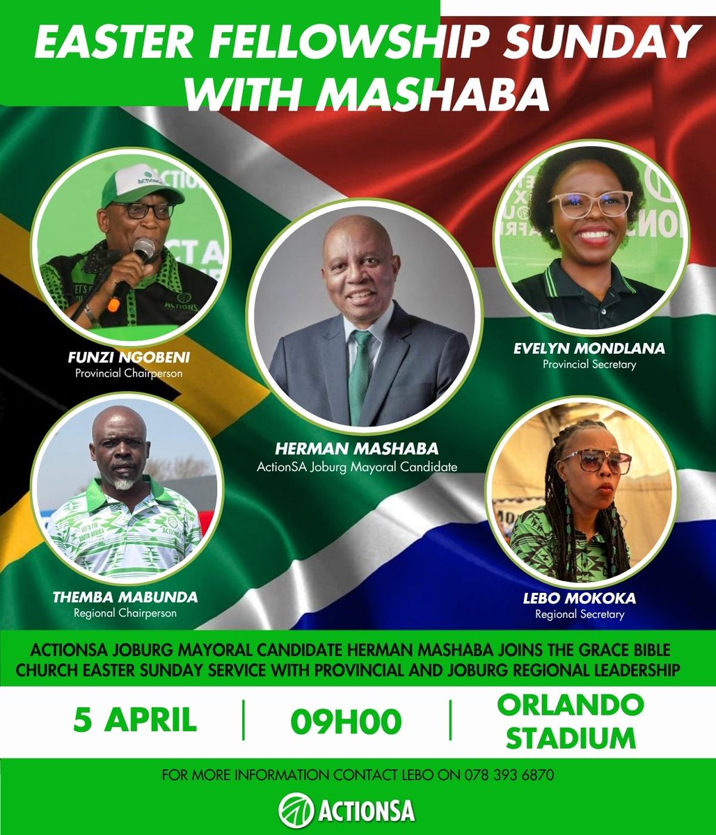 EvelynMondlana's tweet photo. Tomorrow @ActionSA_GP Provincial Chair @Funzi_Ngobeni and Provincial Secretary @EvelynMondlana joins @Action4SA Joburg Mayoral Candidate @HermanMashaba for the @GBC_intl Easter Fellowship Sunday with Mashaba at Orlando Stadium.

#resurrectionofChrist
#fellowshipsundaywithmashaba https://t.co/XmrmbmAuSR