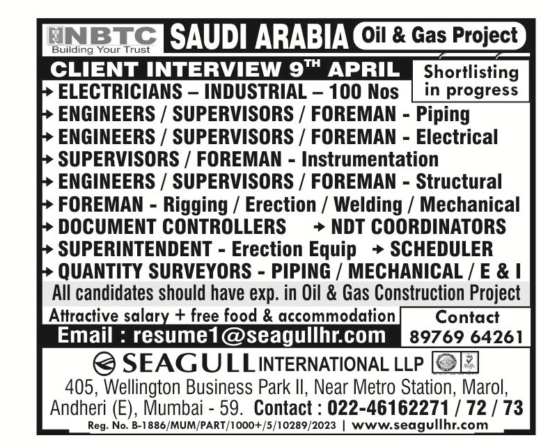 hrd1_seagull's tweet photo. Saudi Arabia Oil &amp; Gas Project  

📅 Client Interview: 9th April  

✅ Shortlisting in progress

✨ Attractive Salary  

#NBTC #SaudiArabiaJobs #OilAndGas #SeagullInternational #ClientInterview #HRJobs #OverseasJobs #JobVacancy #EngineeringJobs #ConstructionJobs https://t.co/1QFF1mMVqO