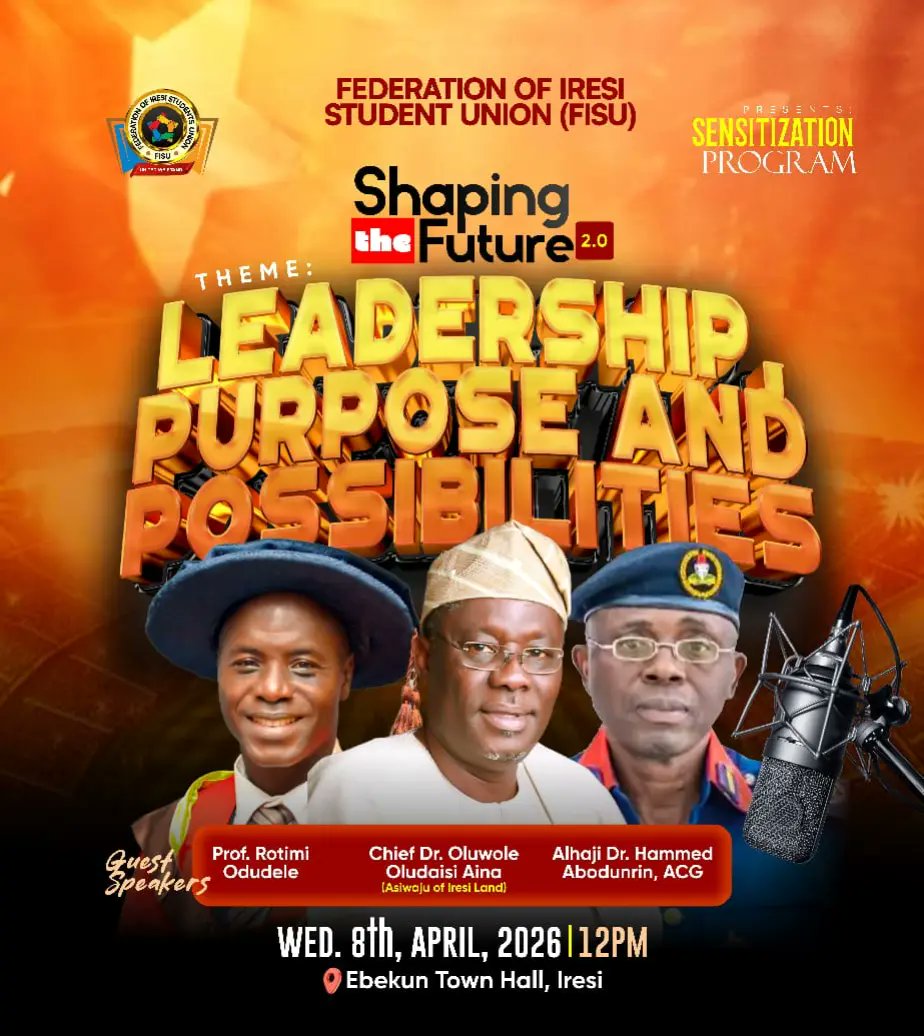 FISU_Official's tweet photo. 📌 Reminder!

Our highly anticipated youth development programme, Shaping the Future 2.0, is happening this Wednesday, 8th April 2026.

🗓 Date: Wednesday, 8th April, 2026
📍 Venue: Ebekun Town Hall, Iresi
⏰ Time: 12:00 PM

Don’t miss it.

#Iresi #osun #youthtalk #catchthemyoung https://t.co/kjCF5HhwNi