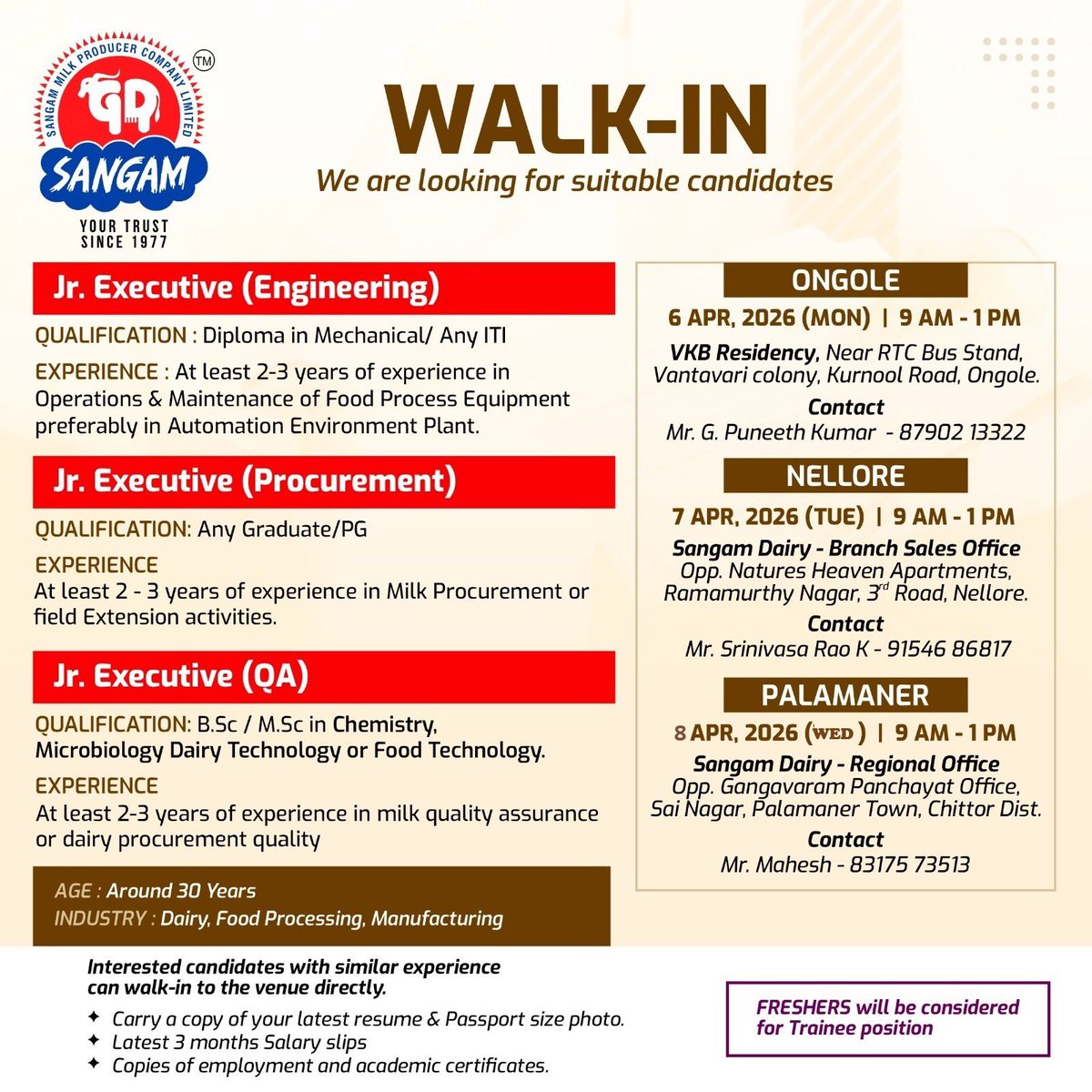 sangamdairyap's tweet image. We’re hiring! 
If you’re passionate and ready to take the next step in your career, we’d love to hear from you.

Send your CV to Careers@sangamdairy

#HiringNow #JobOpening #SangamDairy
