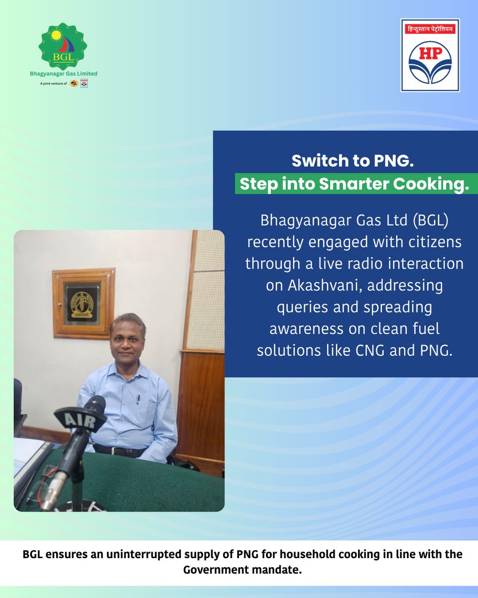 HPCL's tweet photo. Bhagyanagar Gas Ltd (BGL) recently engaged with citizens through a live radio interaction on Akashvani, addressing queries and spreading awareness on clean fuel solutions like CNG and PNG.

While we are witnessing a rise in demand for new PNG connections, there remains significant potential for LPG customers to switch to PNG—and we are fully geared up to cater to all such requests.

PNG connections are readily available, hassle-free, and cost-effective. BGL encourages customers to transition from LPG to PNG for a more convenient and efficient cooking experience—feel the ease of PNG cooking.

Citizens of Hyderabad, Vijayawada and Kakinada can also avail immediate PNG connections and be part of a cleaner, greener future.

#CleanEnergy  #PNG #EnergyForAll #GreenFuel
@HardeepSPuri
@TheSureshGopi
@PetroleumMin
@neerajmittalias @PetroleumMin