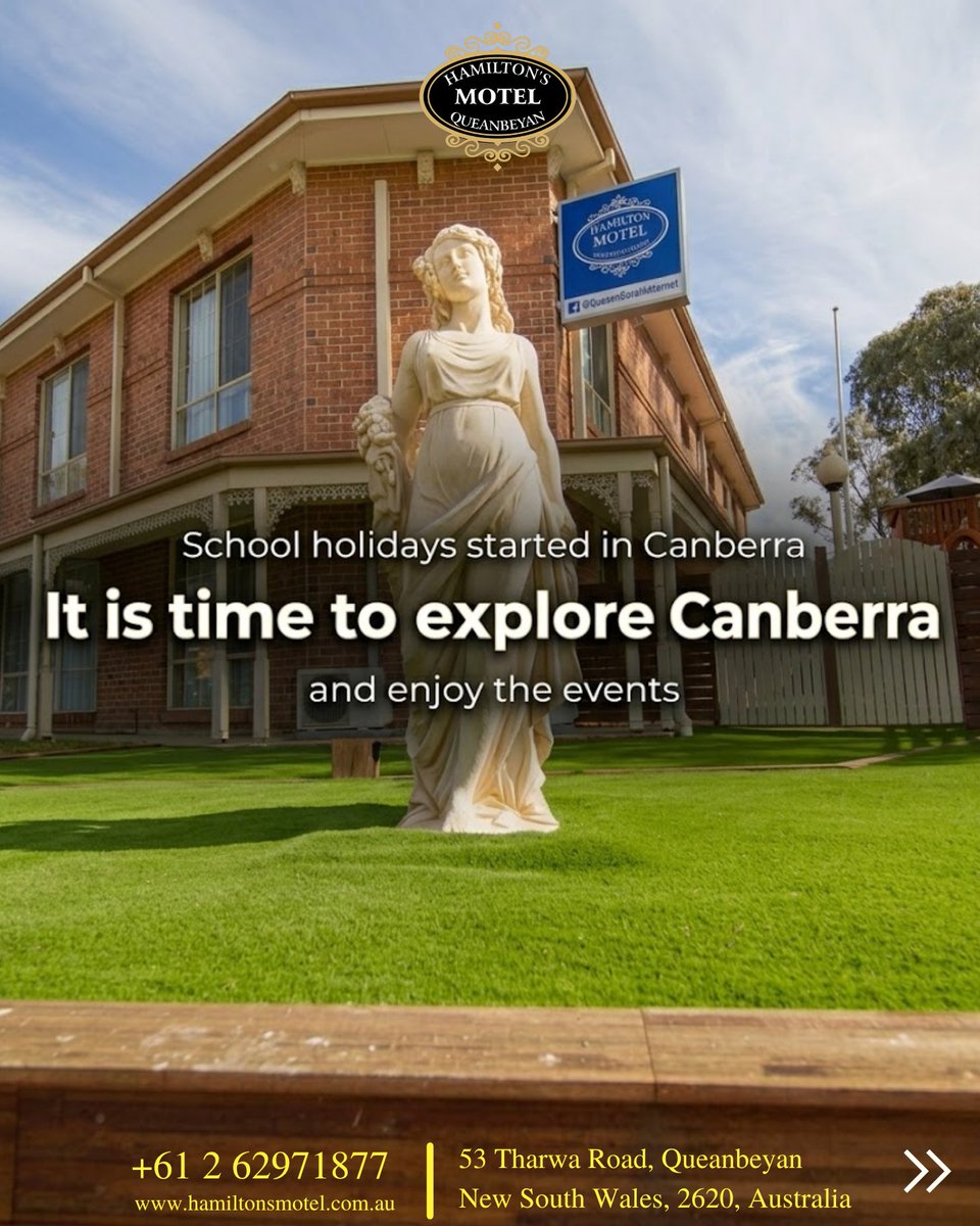 hamiltonsmotel's tweet photo. School holidays are here in Canberra  — events, festivals &amp; family fun every day! Stay close at Hamilton’s Queanbeyan Motel &amp; enjoy a comfortable, convenient getaway.
Book 3 nights &amp; get 10% OFF. Limited rooms!
📞 +61 2 6297 1877 | https://t.co/s5ETgHtAXS

#SchoolHolidays #Motel https://t.co/iWusafIQgJ