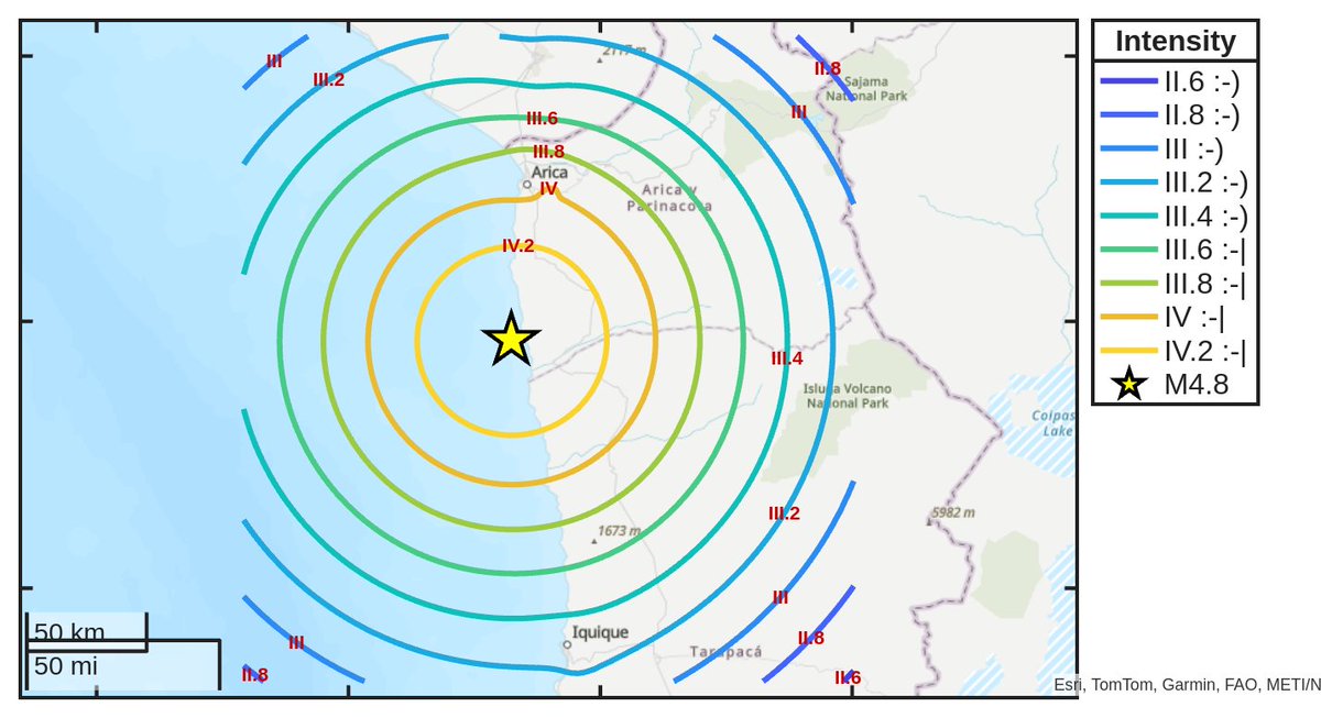 SismoDetector's tweet photo. Mapa de intensidad del #sismo M4.8 ocurrido a las 09:22:35 (UTC) con epicentro a 21 km de #Cuya, Chile. Descarga la app Sismo Detector desde https://t.co/jS9crK4Riw para recibir alertas en tiempo real en tu smartphone https://t.co/1nKEs5urDY