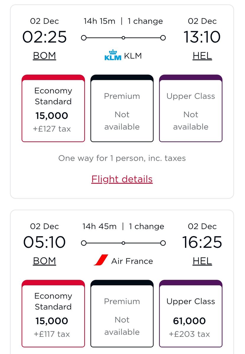 cards_wizard's tweet photo. ✈️ How to book KLM Business on Virgin even when it shows zero availability online?

🎫 July: Booked 2x Economy BOM-AMS-HEL for just 15k pts + ₹14k taxes on KLM.
🏔️ Solid deal for Finland - but no availability for Business.

🔔 Set an alert for Business Class on https://t.co/RPGZXvuF7E

💥 September: Alert popped for 1x Business seat (61k pts + ₹25k taxes).
📞 Called Virgin India care immediately to at least move my wife up.

📞 Plot twist: The agent saw TWO Business seats on her backend.
💎 Websites can miss inventory that the airline's internal system can see.

⚡ Transferred Amex pts while she held the line.
💸 Charged only incremental miles paid incremental taxes via M4B, zero cancellation or rebooking fees.

⚠️ Caution: This works both ways sometimes you see seats online that aren't bookable (Phantom Seats).

📉 It’s a gamble; if no seats open up, you are stuck with your original booking.

💡 15k pts for BOM-AMS-RVN/HEL is still an absolute steal.

📈 Secure the base early, set your alerts, and call the desk.

CHECK NEXT TWEET ON HOW TO TRANSFER TO VIRGIN ATLANTIC FROM AMEX. 👇