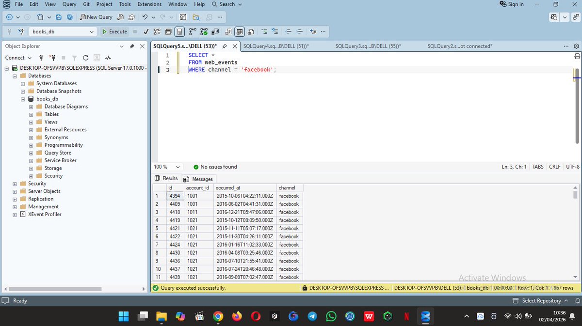 taofeek770's tweet photo. This week in SQL with @TDataImmersed.
Worked on real datasets, importing CSV files, solved import issues, cleaned data, fixing column issues, and wrote queries to extract insights. It’s getting more practical and less theoretical.

@DabereNnamani @JudeRaji_ @SQLServer 

#SQL #TDI https://t.co/6ctv7pgiEE