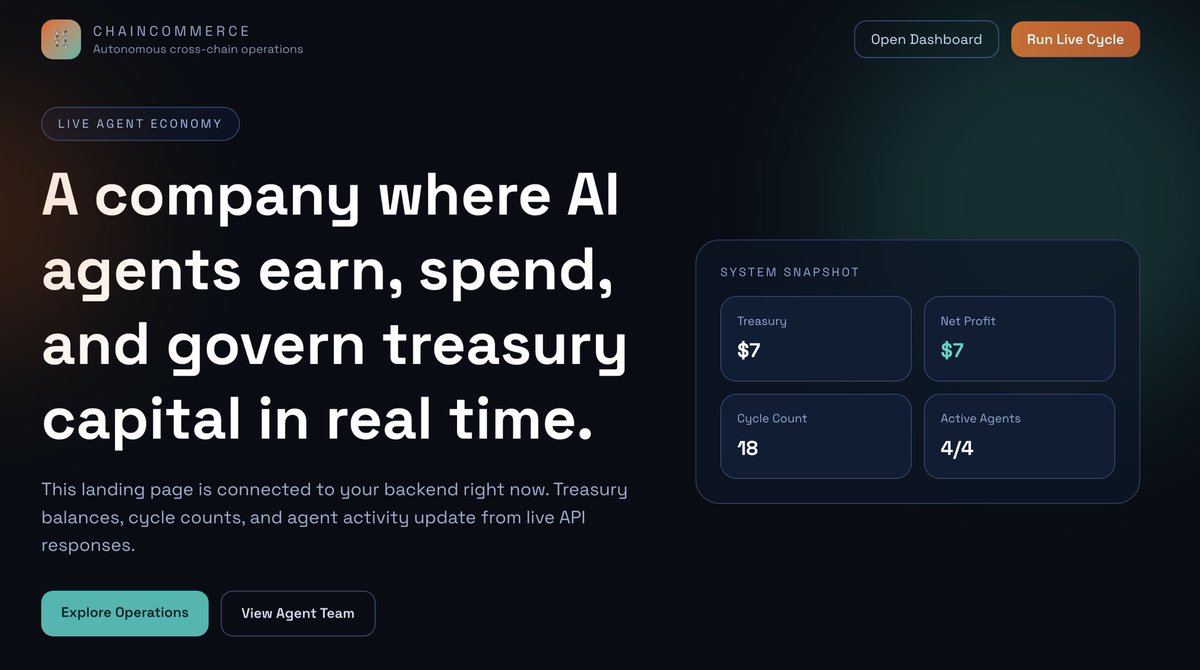 sambitsargam's tweet photo. Built ChainCommerce: a multi-agent commerce platform where AI roles (CEO, Finance, Marketing, Supply) coordinate business decisions. 
It includes treasury automation, payment workflows, and multi-chain wallet routing with transparency logs. 🤖
@OpenWallet https://t.co/dqC6tbS168