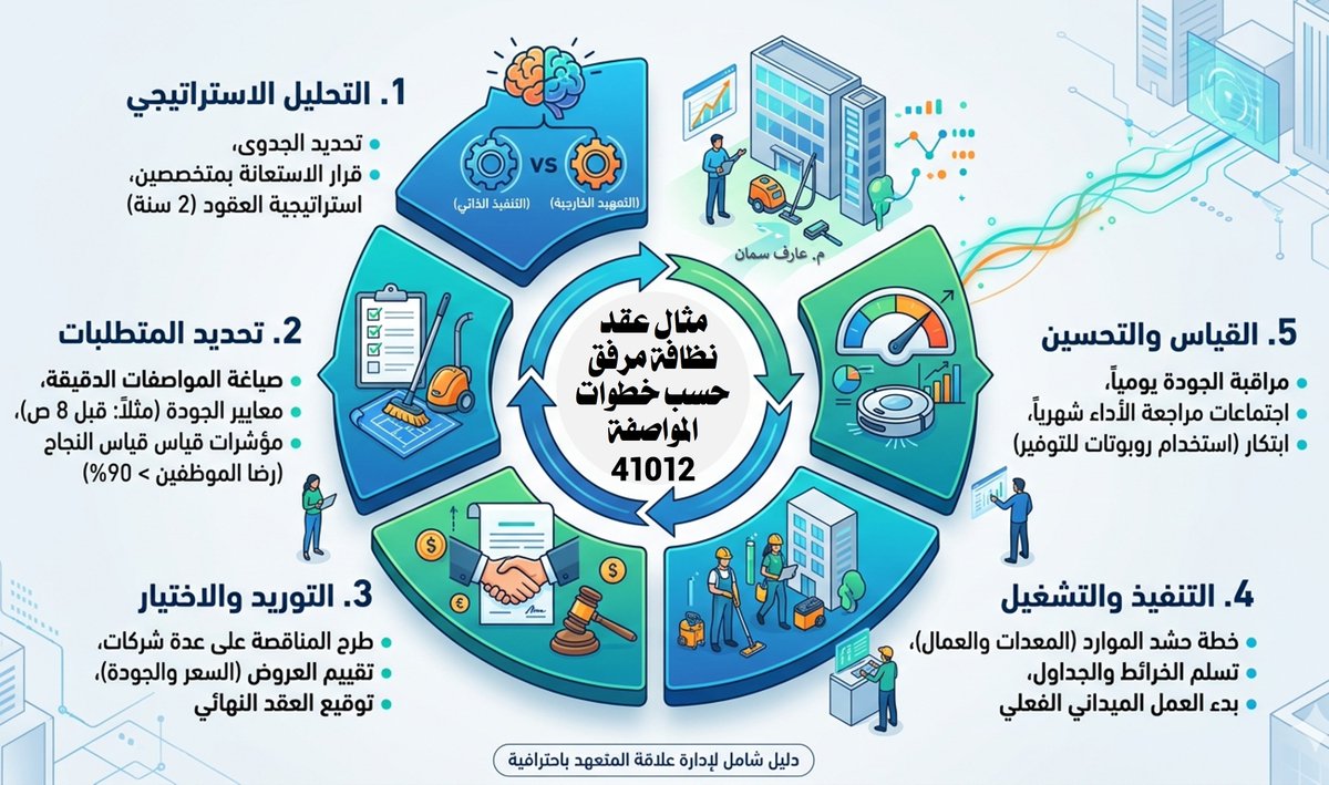 arifsamman's tweet photo. مثال عن تطبيق #مواصفة ISO 41012:2017 :
 تُقدم المواصفة ISO 41012 إطاراً مرجعياً دقيقاً لعملية اختيار المتعهدين لخدمات المرافق ، حيث تنقلها من مجرد "شراء خدمات" إلى "شراكة استراتيجية متكاملة". حيث تعتمد المواصفة نموذجاً يتكون من مراحل متسلسلة تضمن مواءمة الخدمات مع أهداف المنظمة الاستراتيجية كما يلي
1⃣ #التحليل الاستراتيجي (Clause 4): تحديد احتياجات المنظمة، تحليل خيارات التوريد ، ووضع خطة التوريد الاستراتيجية.
2⃣ #تحديد متطلبات الخدمة (Clause 5): صياغة نطاق العمل التفصيلي، تحديد اتفاقيات مستوى الخدمة (SLAs)، ووضع مؤشرات الأداء (KPIs).
3⃣ تقييم العروض والاختيار (Clause 6): إعداد وطرح طلب العروض (RFP)، تقييم عروض المتعهدين، والتفاوض وصولاً لترسية العقد.
4⃣ التنفيذ والتشغيل ( Clause 7): مرحلة تسليم الموقع والموارد ، نقل المعرفة والمسؤولية، وبدء العمليات الميدانية.
5⃣ القياس والتحسين (- Clause 8): مراقبة الأداء مقابل مؤشرات الأداء، مراجعات الأداء الدورية، وتحديد فرص التطوير والابتكار. 
مرفق الإنفوجرافيك كمثال لاختيار متعهد لنظافة مرفق تم توليده بواسطة نانو بانانا:
@_Career_