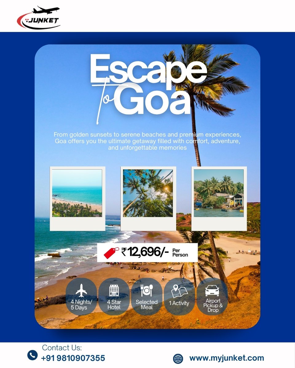MyJunket's tweet image. 🌴 ESCAPE TO GOA 🌊

Sun, sand &amp;amp; serenity are calling… are you ready? ✨

💰 ₹12,696 per person
🗓️ 4 Nights / 5 Days
🏨 4★ Hotel Stay
🍽️ Selected Meals
🎯 1 Activity Included
✈️ Airport Pickup &amp;amp; Drop

📞 +91 9810907355
🌐 myjunket.com
.
.
.
.
#MyJunket #Goa #GoaTrip