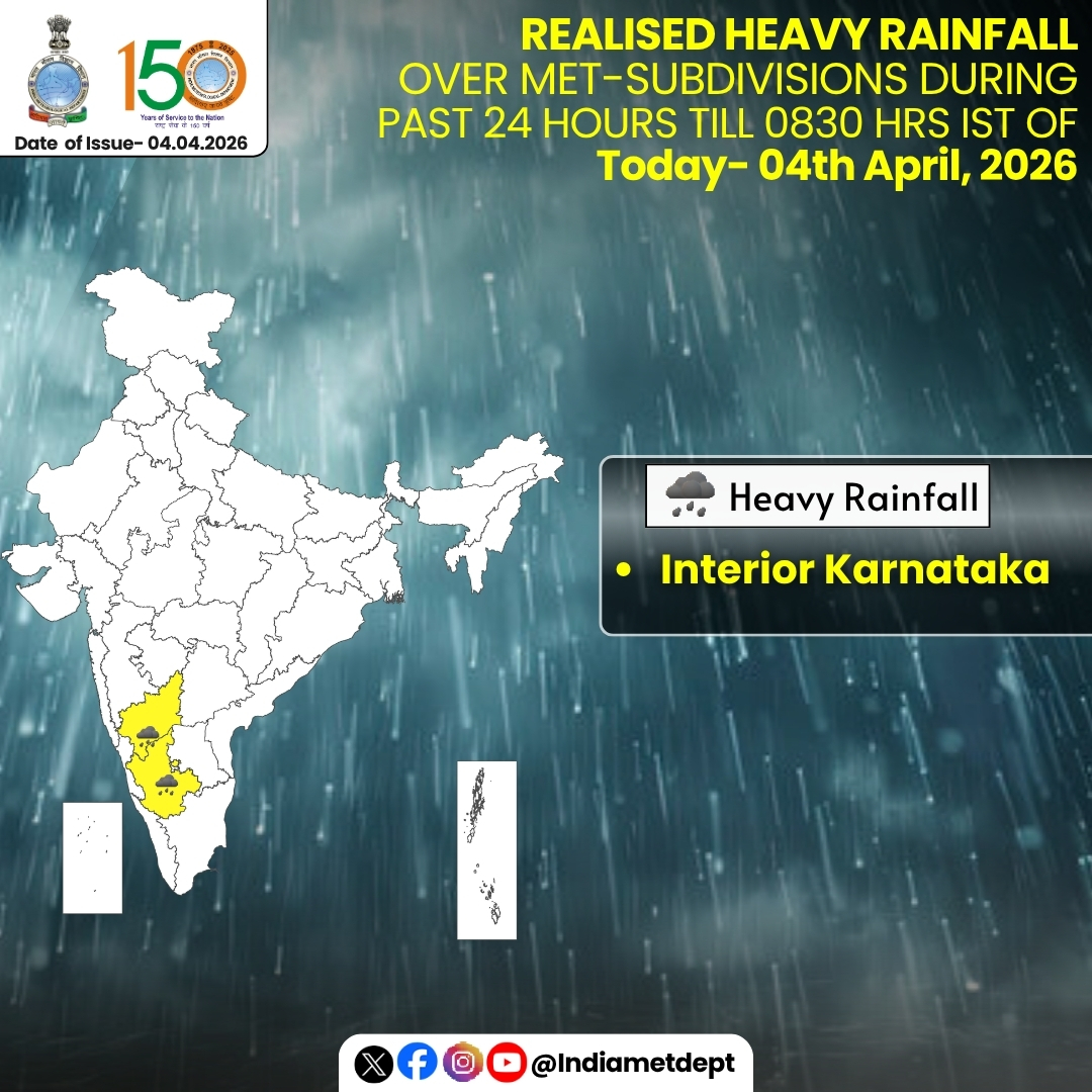Indiametdept's tweet image. Realised Heavy Rainfall over Met-Subdivisions during past 24 hours till 0830 Hrs IST of Today-04th April, 2026

❖ Heavy rainfall (7-11 cm) reported at isolated places over Interior Karnataka

For more information, visit Us : mausam.imd.gov.in

#HeavyRainfall #Rain