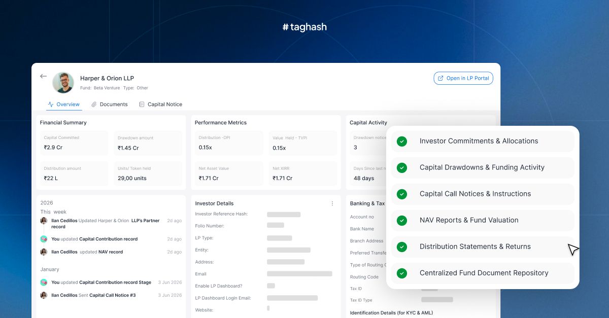 taghashhq's tweet image. LP management should extend beyond maintaining LP records.

Taghash brings these LP management workflows into one connected operating layer, so teams can manage investor information, capital activity, documents and reporting from a single view.
#PrivateCapital #FundManagement