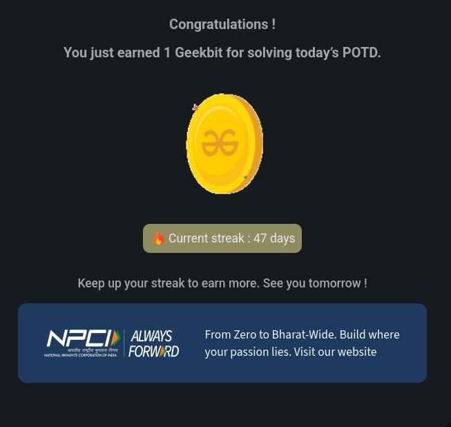 Harshit42077's tweet photo. 🔥Day 47 of 60 days challenge on GeeksforGeeks — small steps every day lead to big results.🚀 
Today solve a problem of "Gray Code". It was very tricky and helpful to learn code. A great thank you to @geeksforgeeks and @NPCI_NPCI for this supprot !
#geekstreak60
#npci https://t.co/SauCZuV4Yj