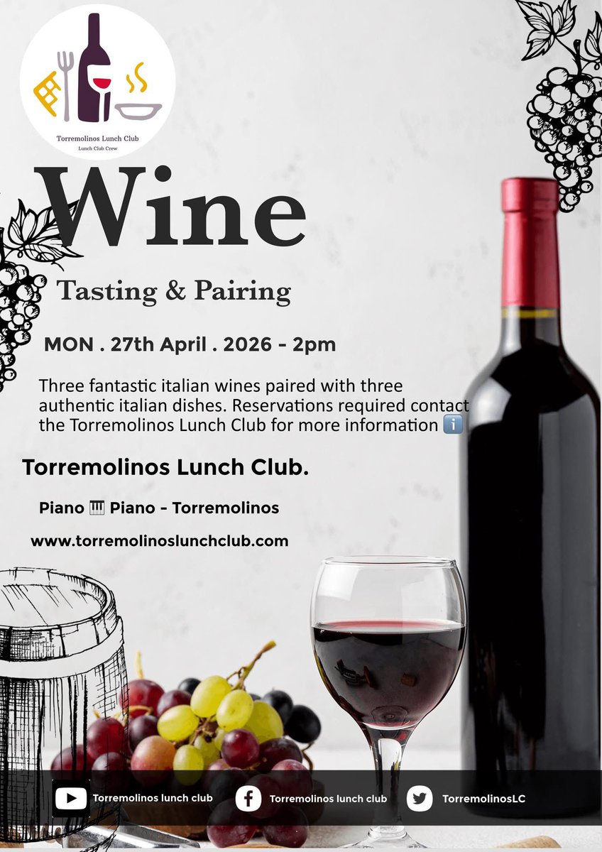 torremolinosLC's tweet photo. 🍷✨ APRIL WINE TASTING! ✨🍷
It’s that time again — and this one’s a cracker! 😍  
We’re back with our fantastic wine tasting event and this month, by popular demand, it’s 3 amazing Italian wines 🇮🇹🍇 paired with 3 amazing italian dishes 🥘 
https://t.co/ID23la10af https://t.co/5608idxCgN