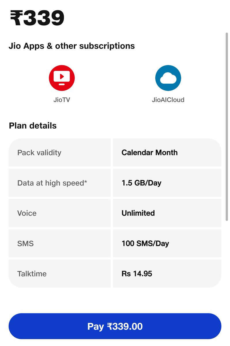 pushpa_kp's tweet photo. @MrBantu16 @omjai0503 @DealBeeOfficial ₹339 is also a calendar month plan.
It is basically ₹319 plan + ₹20 TopUp https://t.co/iVIi0CeyLL